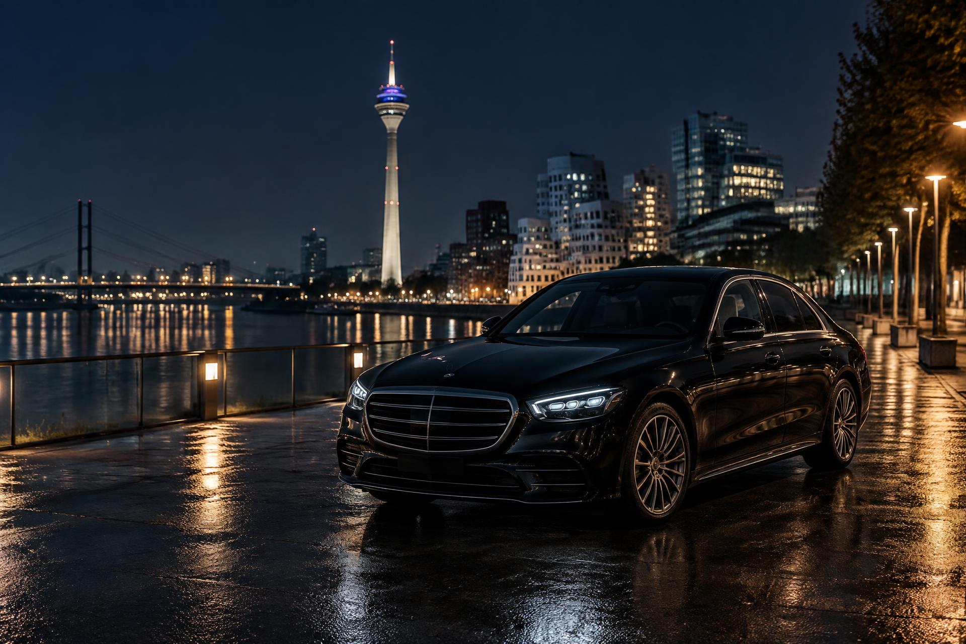 Schwarze Business-Limousine am Düsseldorfer Rheinufer bei Nacht